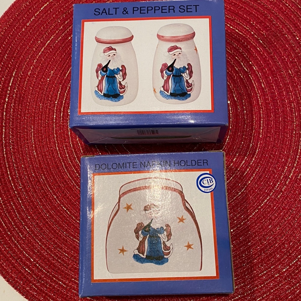 NIB Set of Dolomites Santa Napkin Holder and Salt & Pepper Shakers